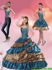 2015 Perfect Teal and Brown Sweetheart Sweet 15 Dress with Beading and Ruffled Layers
