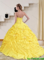 2015 Perfect Yellow Cheap Strapless Brush Train Quinceanera Dresses with Beading