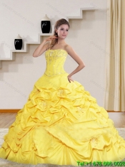 2015 Perfect Yellow Cheap Strapless Brush Train Quinceanera Dresses with Beading