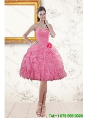 2015 Pretty Baby Pink Cheap Quince Dresses with Beading and Ruffles