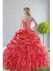 2015 Top Seller Watermelon Red Cheap Quince Dresses with Appliques and Ruffles