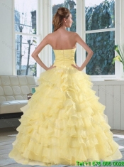 2015 Yellow Sweetheart 15th Birthday Quinceanera Dress with Beading and Ruffled Layers