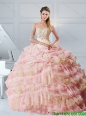 Cheap Cute Baby Pink Sweetheart Quinceanera Dresses with Appliques and Ruffled Layers