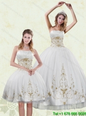 Cheap Inexpensive Embroidery White and Gold Quinceanera Dress for 2015
