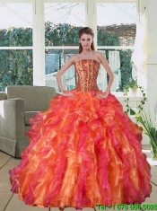 Cheap Multi Color Strapless Quince Dress with Beading and Ruffles