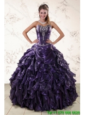 Cheap Purple Sweetheart Floor Length Quince Gowns Embroidery and Ruffles