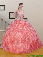 Classical Watermelon Sweetheart Ruffled and Appliqued Quinceanera Dresses