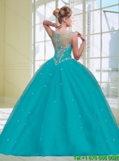 Decent 2015 Scoop Cheap Turquoise Quinceanera Dress with Beading and Appliques