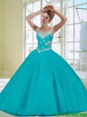Decent 2015 Scoop Cheap Turquoise Quinceanera Dress with Beading and Appliques