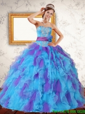 Elegant Beaded Strapless Multi Color Quinceanera Dresses with Ruffles and Sash