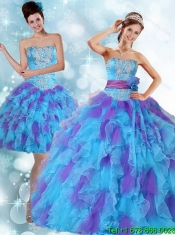 Elegant Beaded Strapless Multi Color Quinceanera Dresses with Ruffles and Sash