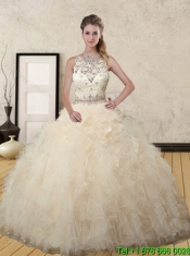 Elegant Champagne Scoop Quinceanera Dress with Beading and Ruffles