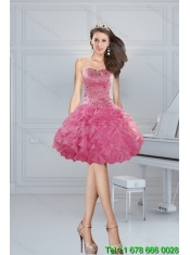 Elegant Coral Red Quince Dresses with Beading and Ruffles