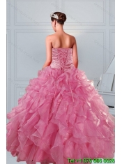 Elegant Coral Red Quince Dresses with Beading and Ruffles
