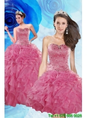 Elegant Coral Red Quince Dresses with Beading and Ruffles