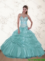 Elegant Halter Top Beading and Ruffles Dresses for Quince in Aqua Blue