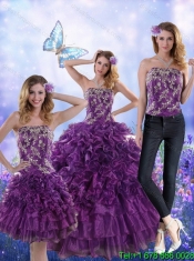 Elegant Purple Strapless Quince Dresses with Appliques and Ruffles for 2015 Elegant Purple Strapless Quince Dresses with Appliques and Ruffles for 2015