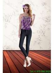 Elegant Purple Strapless Quince Dresses with Appliques and Ruffles for 2015