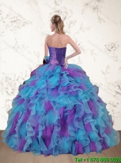 Elegant Strapless Beading and Ruffles Multi Color Sweet 15 Dress