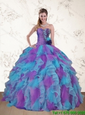 Elegant Strapless Beading and Ruffles Multi Color Sweet 15 Dress