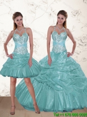 Fashionable Halter Top Aqua Blue Cheap Quince Dresses with Beading and Ruffles