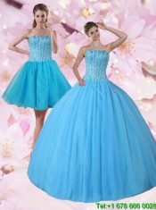 Gorgeous Detachable Baby Blue Strapless Cheap Quinceanera Dress with Beading