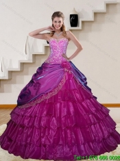 New Style 2015 Cheap Appliques and Ruffled Layers Fuchsia Sweet 15 Dresses