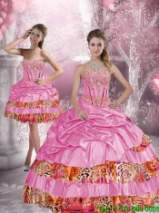 Perfect 2015 Rose Pink Leopard Printed Quinceanera Dresses with Beading and Pick Ups
