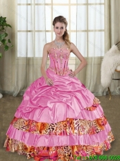 Perfect 2015 Rose Pink Leopard Printed Quinceanera Dresses with Beading and Pick Ups