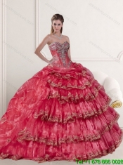 Perfect Coral Red Dress for Quinceanera Dress with Appliques and Ruffled Layers