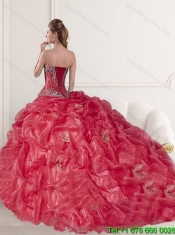 Perfect Coral Red Dress for Quinceanera Dress with Appliques and Ruffled Layers