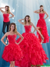 Perfect Red Strapless Quinceanera Dress with Ruffles and Beading