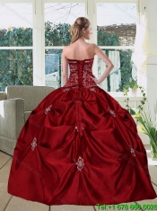 Wine Red  Pretty Strapless 2015 Cheap Quinceanera Gown with Embroidery and Pick Ups