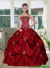 Wine Red Pretty Strapless 2015 Cheap Quinceanera Gown with Embroidery and Pick Ups