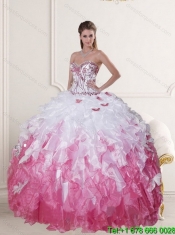 2015 Sophisticated Sweetheart Quinceanera Dress in White and Pink with Beading and Ruffles