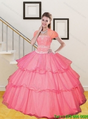 Beautiful 2015 Hot Pink Quinceanera Dresses with Beading and Ruffled Layers