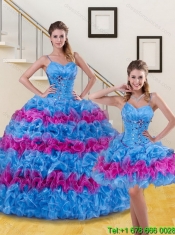 Blue and Pink Ruffled Layers and Beading Sweet 15 Dress for 2015