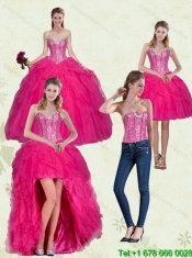 Decent Hot Pink Sweetheart Dress for Quince with Ruffles and Beading