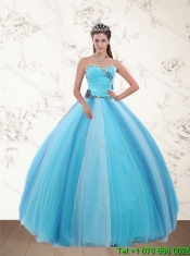 Popular Light Blue Sweetheart Quinceanera Dresses with Ruching and Appliques for 2015