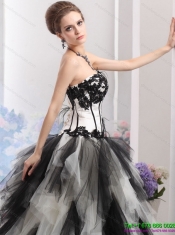 2015 Wholesale White and Black Strapless Quinceanera Dresses with Appliques