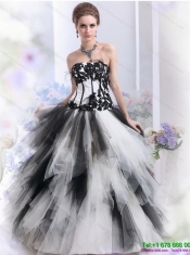 2015 Wholesale White and Black Strapless Quinceanera Dresses with Appliques