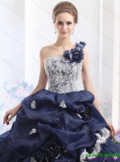 Best 2015 One Shoulder Ruffles Quinceanera Dresses with Hand Made Flowers and Pick Ups