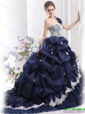 Best 2015 One Shoulder Ruffles Quinceanera Dresses with Hand Made Flowers and Pick Ups