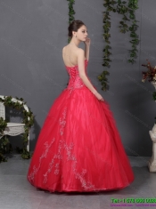 Best Coral Red Strapless Sweet 16 Dress with Ruching and Appliques