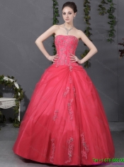 Best Coral Red Strapless Sweet 16 Dress with Ruching and Appliques