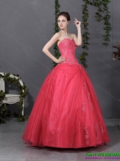Best Coral Red Strapless Sweet 16 Dress with Ruching and Appliques