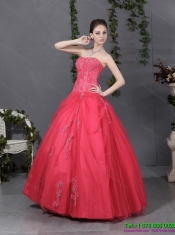 Best Coral Red Strapless Sweet 16 Dress with Ruching and Appliques