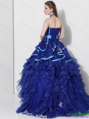 Best Halter Top Appliques Blue 2015 Quinceanera Dresses with Ruffles and Brush Train
