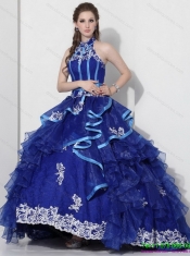 Best Halter Top Appliques Blue 2015 Quinceanera Dresses with Ruffles and Brush Train