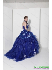 Best Halter Top Appliques Blue 2015 Quinceanera Dresses with Ruffles and Brush Train